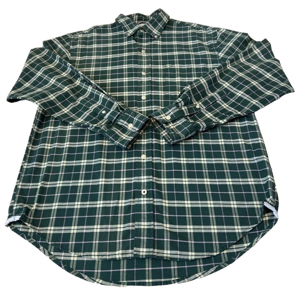 Izod Saltwater Men Stretch Plaid Button Shirt Medium Green/White Preppy Stretch